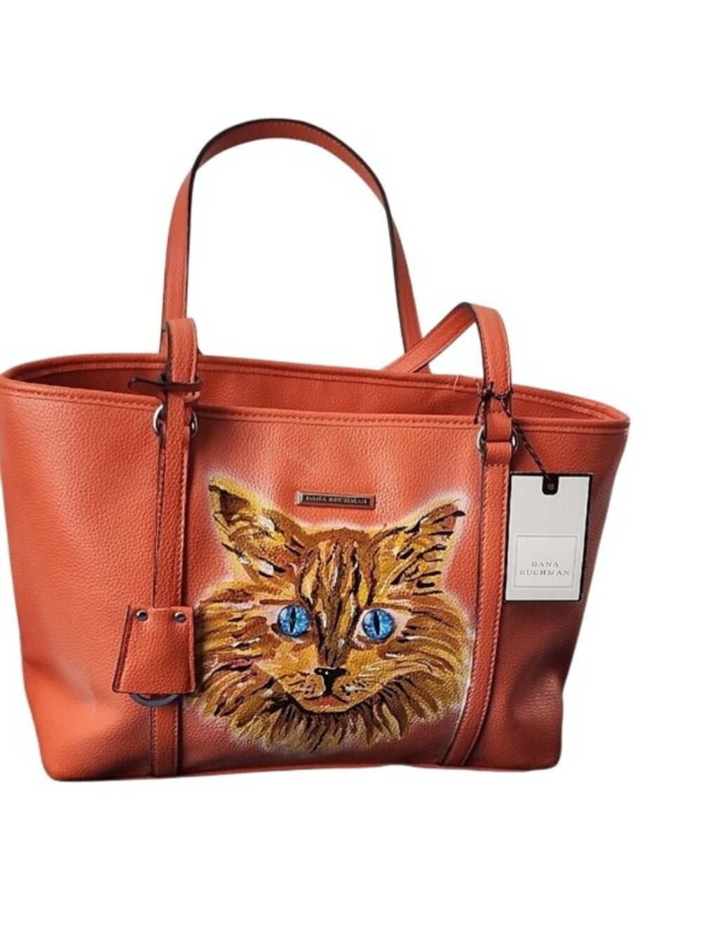 Dana Buchman Vibrant Orange Bella Tote with OOAK Kitty Cat Artwork